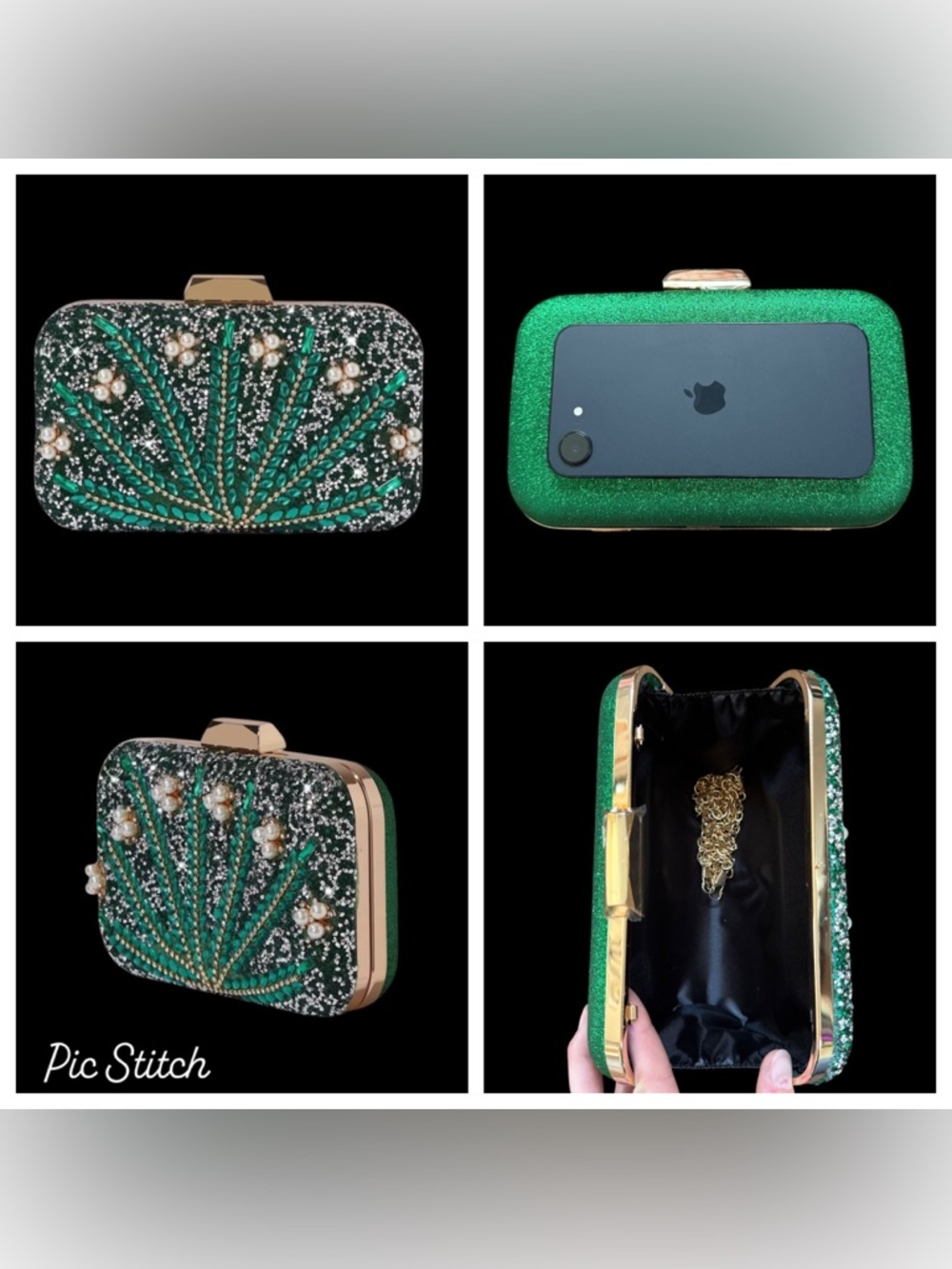 Women’s 420 Green Leaf Pattern Clutch Adjustable Crossbody Handbag Glam Sparkles